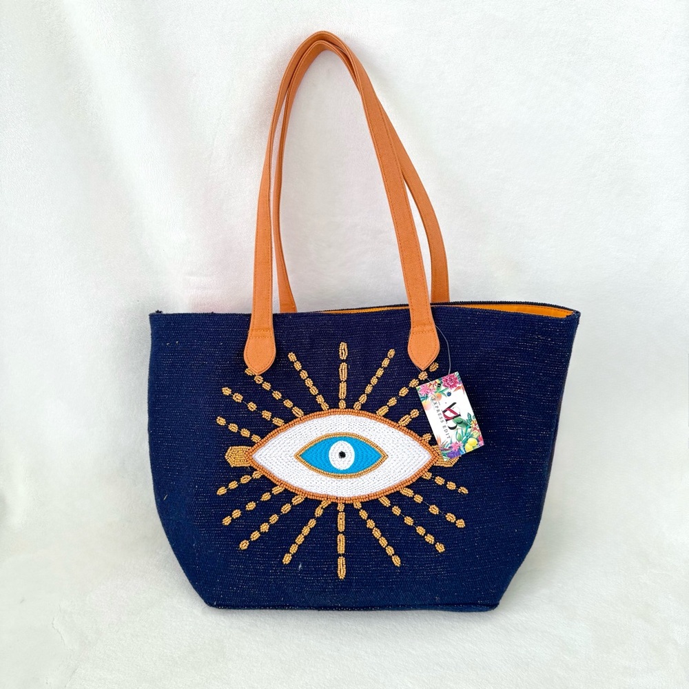 Evil Eye Navy Blue & Orange Beaded & Embroidered Tote Bag